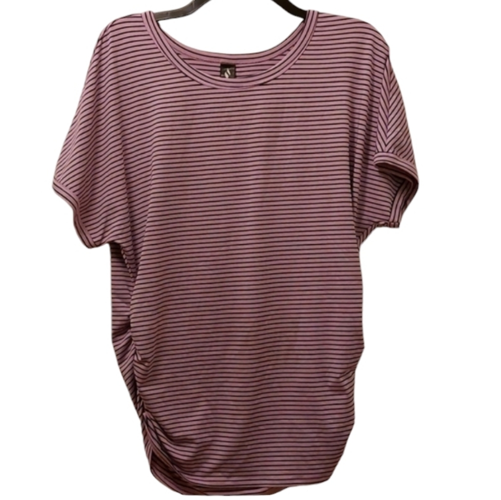 Skechers Workout Top L Mauve with Black Stripes Ruched Sides EUC